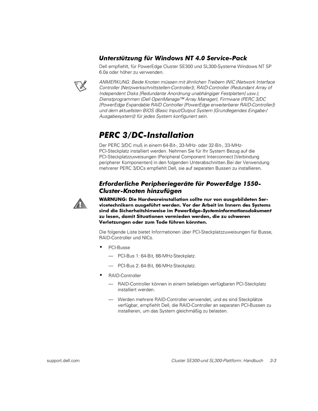 Dell SE300, SL300 manual Perc 3/DC-Installation, Unterstützung für Windows NT 4.0 Service-Pack 