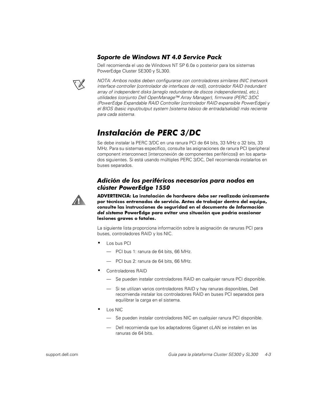 Dell SE300, SL300 manual Instalación de Perc 3/DC, Soporte de Windows NT 4.0 Service Pack 