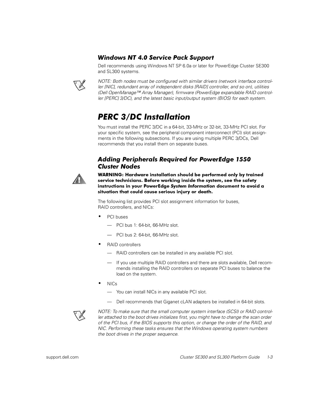 Dell SE300, SL300 manual Perc 3/DC Installation, Windows NT 4.0 Service Pack Support 