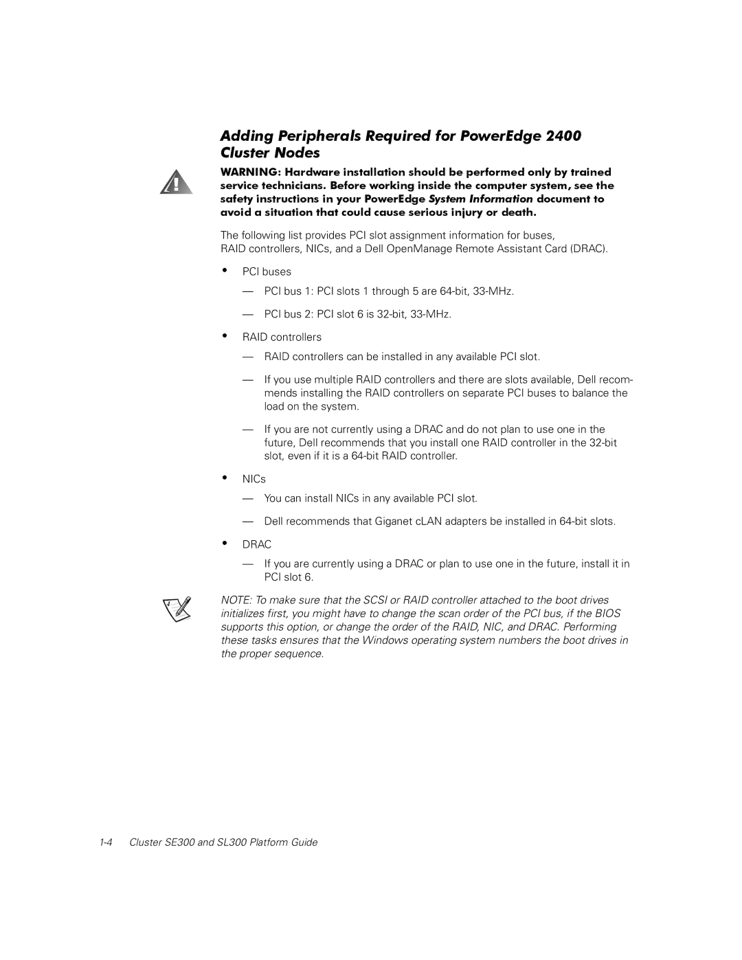 Dell SL300, SE300 manual Adding Peripherals Required for PowerEdge 2400 Cluster Nodes 