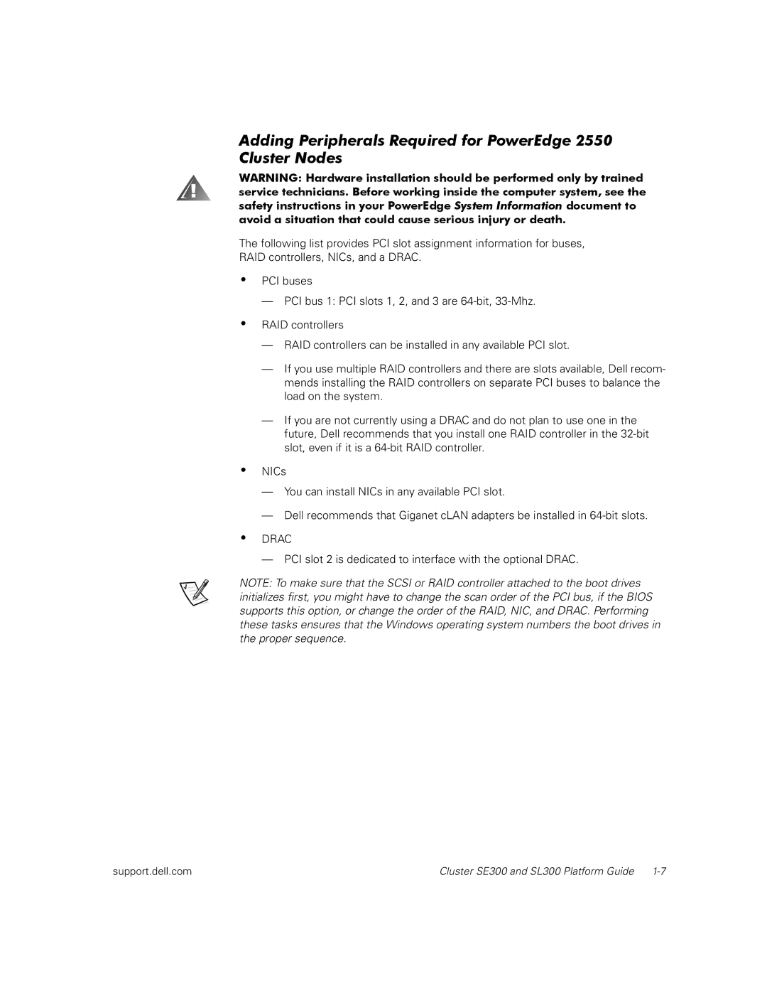 Dell SE300, SL300 manual Adding Peripherals Required for PowerEdge 2550 Cluster Nodes 