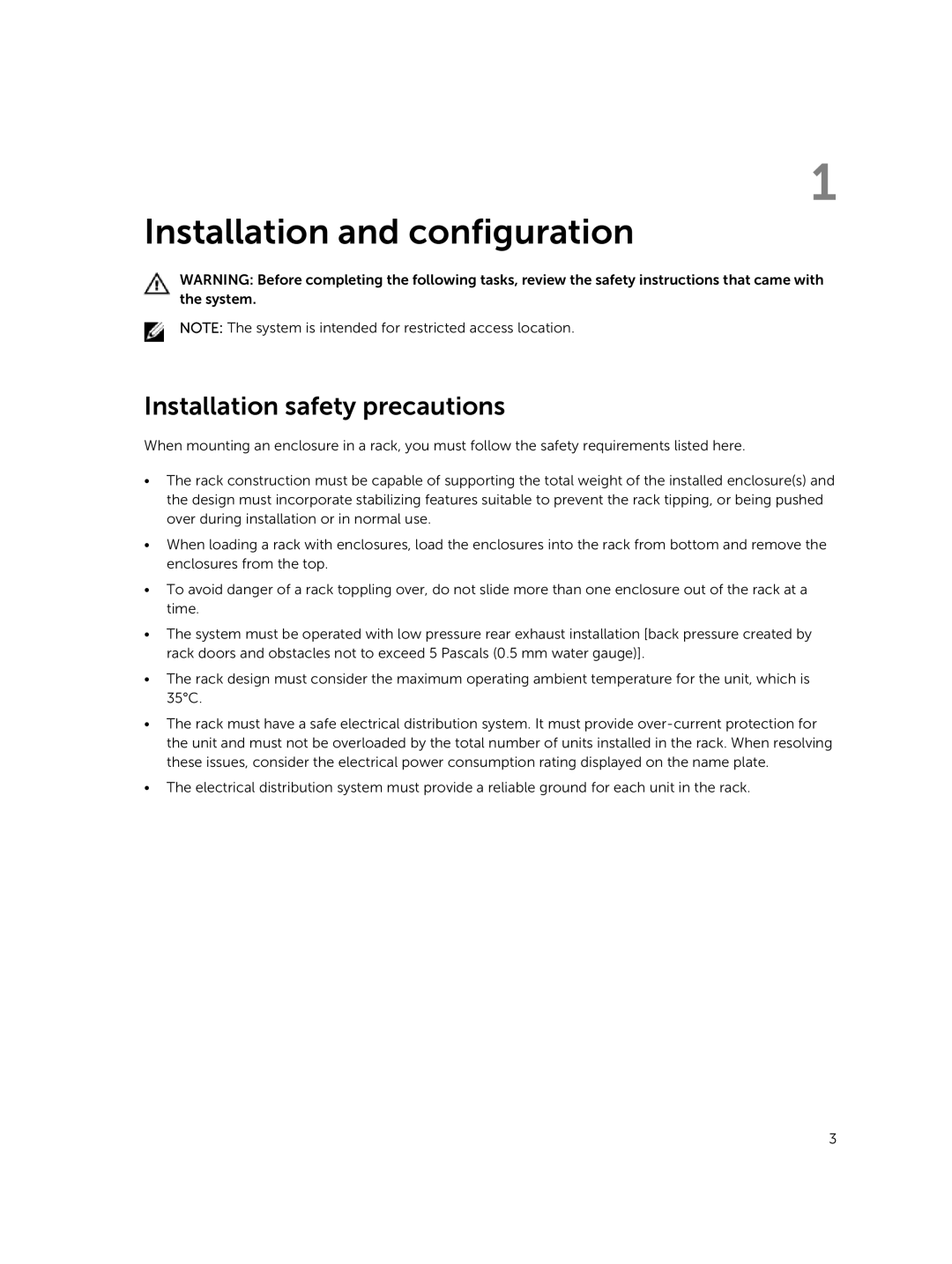 Dell E11J, SP-2584 manual Installation and configuration, Installation safety precautions 