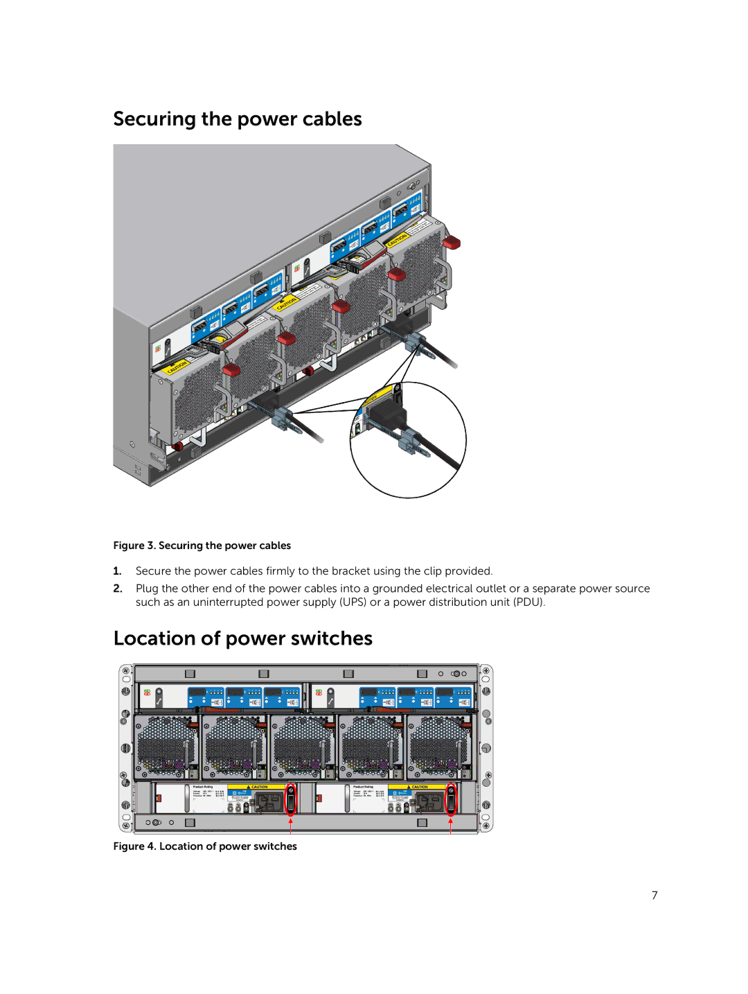 Dell E11J, SP-2584 manual Securing the power cables, Location of power switches 