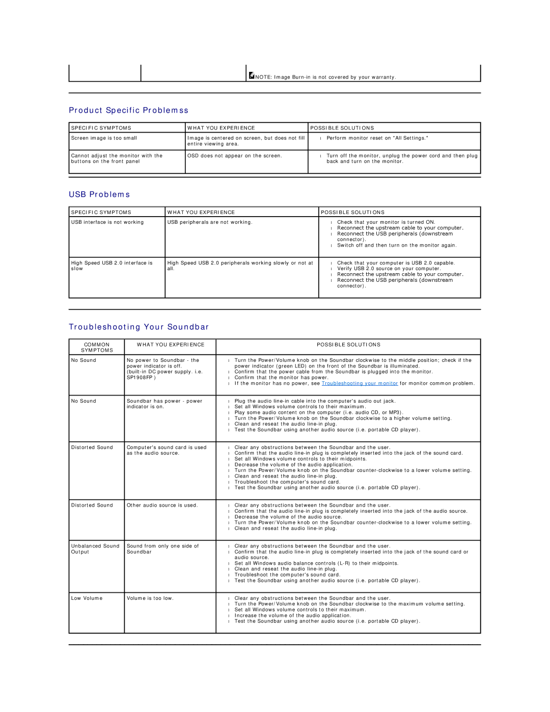 Dell SP1908FP manual Product Specific Problemss, USB Problems, Troubleshooting Your Soundbar 