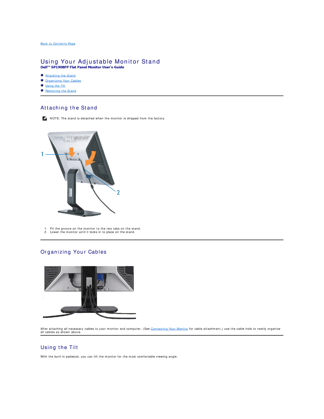 Dell SP1908FP manual Using Your Adjustable Monitor Stand, Attaching the Stand, Organizing Your Cables, Using the Tilt 