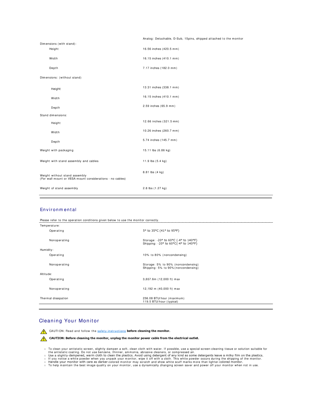 Dell SP1908FP manual Cleaning Your Monitor, Environmental 