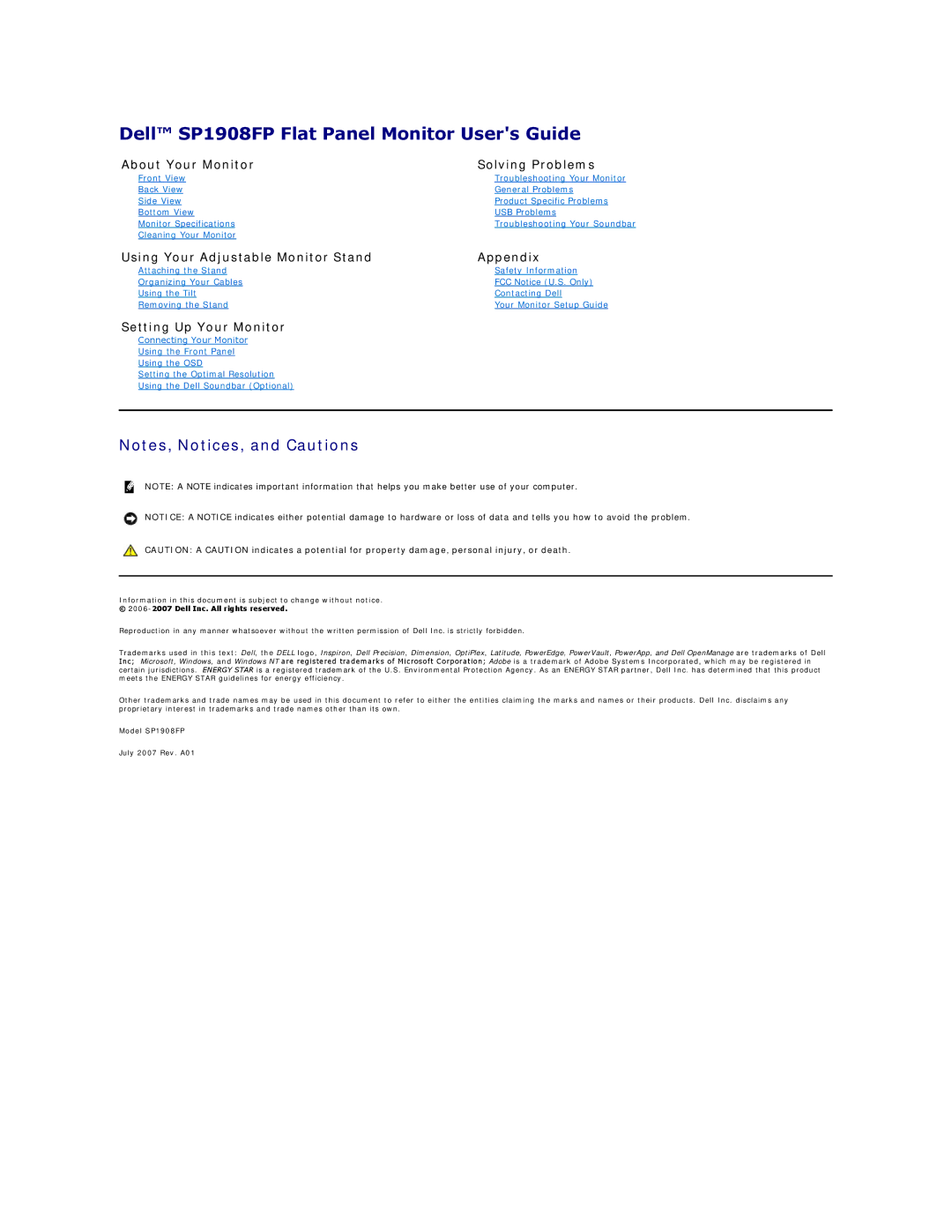 Dell SP190SFP appendix Dell SP1908FP Flat Panel Monitor Users Guide, About Your Monitor Solving Problems 