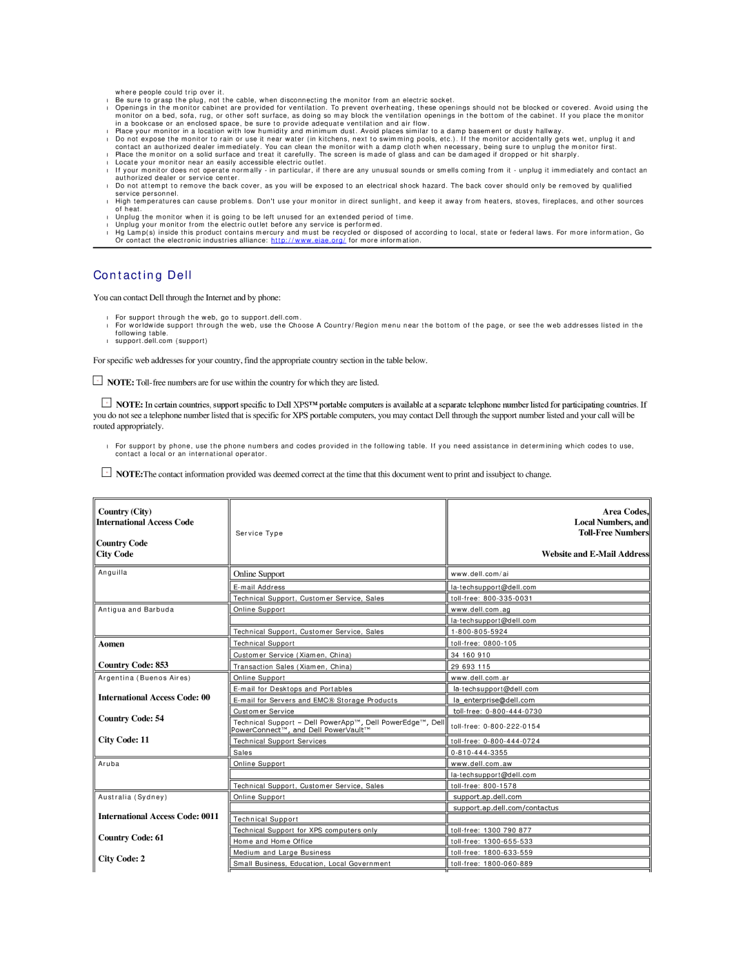 Dell SP190SFP appendix Contacting Dell 