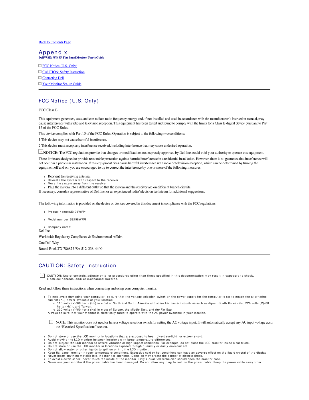 Dell SP190SFP appendix Appendix, FCC Notice U.S. Only 