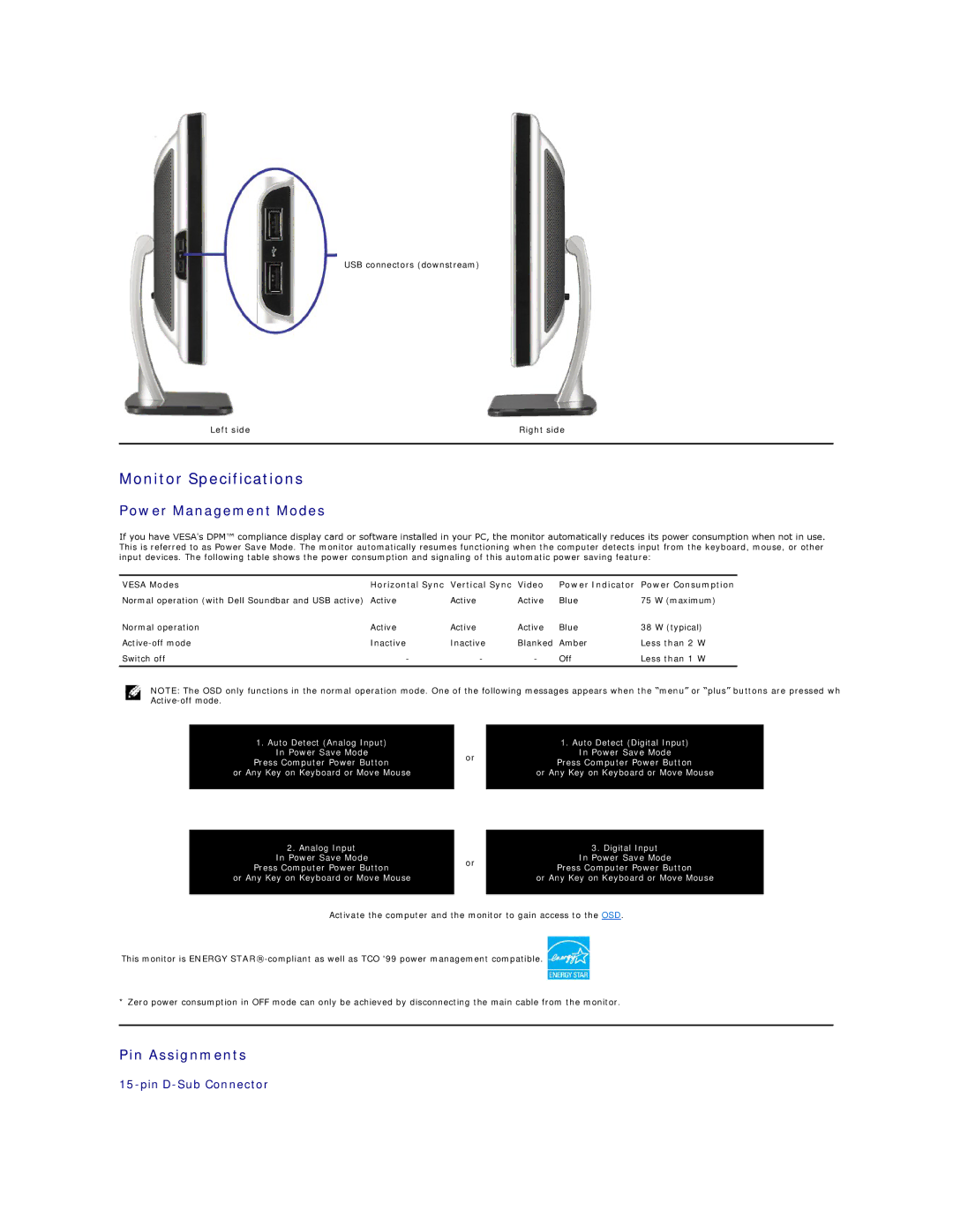 Dell SP2008WFPF appendix Monitor Specifications, Power Management Modes, Pin Assignments, Left side Right side 