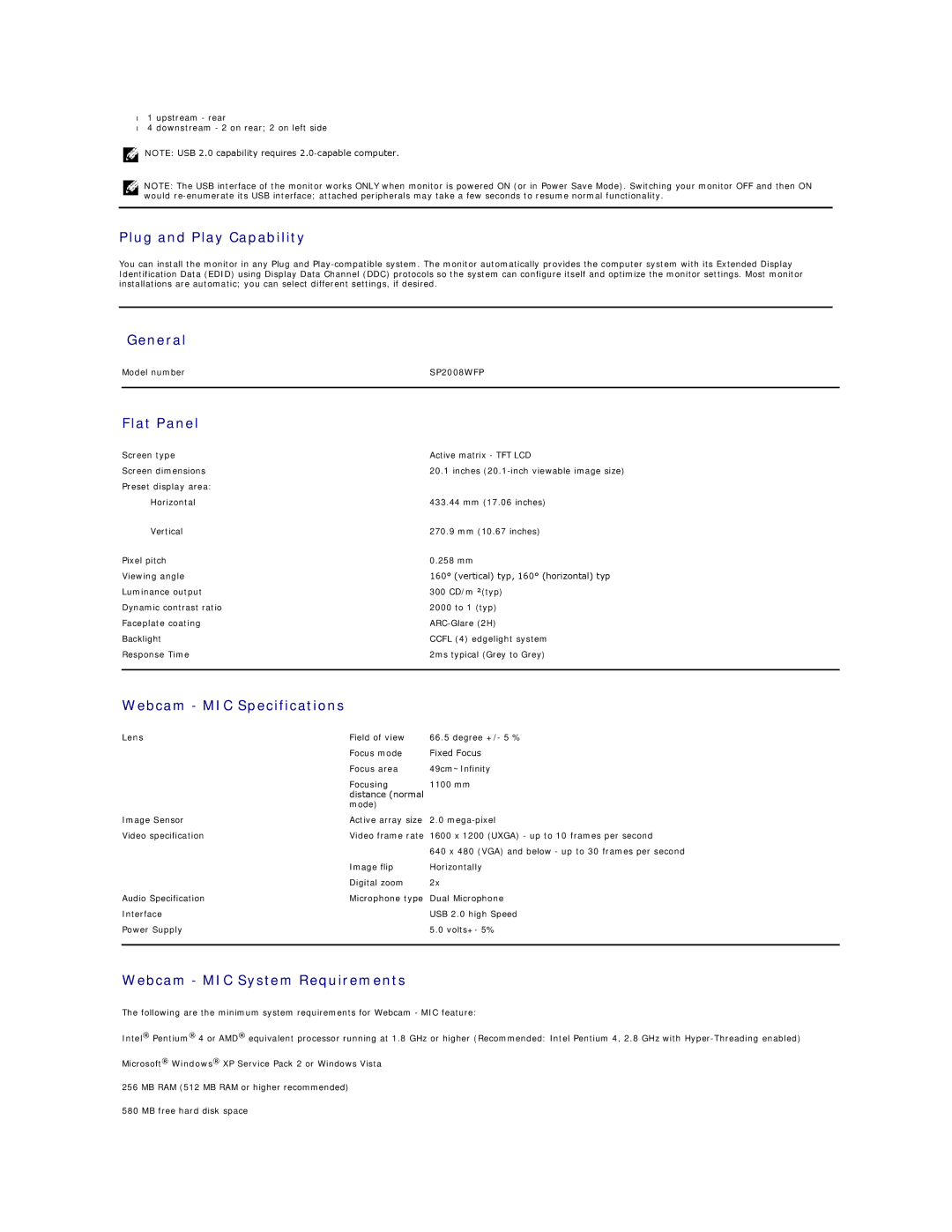 Dell SP2008WFPF Plug and Play Capability, General, Flat Panel, Webcam MIC Specifications, Webcam MIC System Requirements 