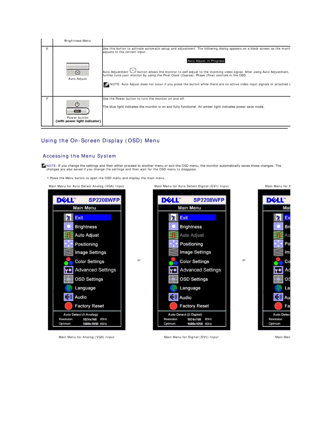 Dell SP2208W appendix Using the On-Screen Display OSD Menu, Accessing the Menu System, Brightness Menu, Auto Adjust 