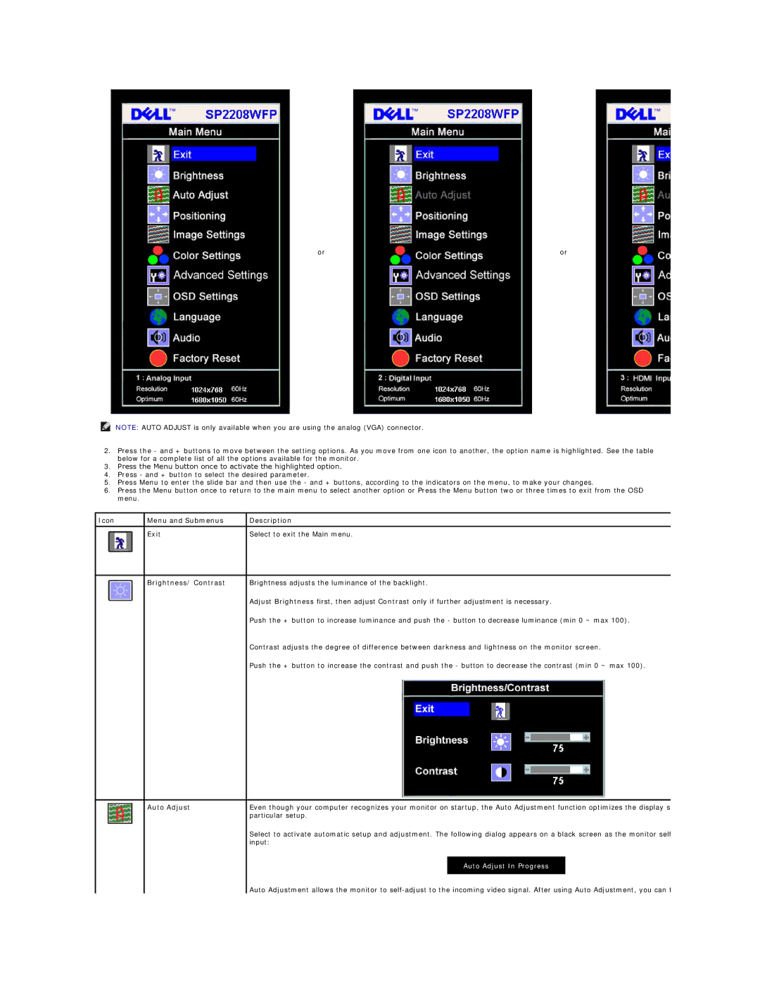 Dell SP2208W appendix Auto Adjust 