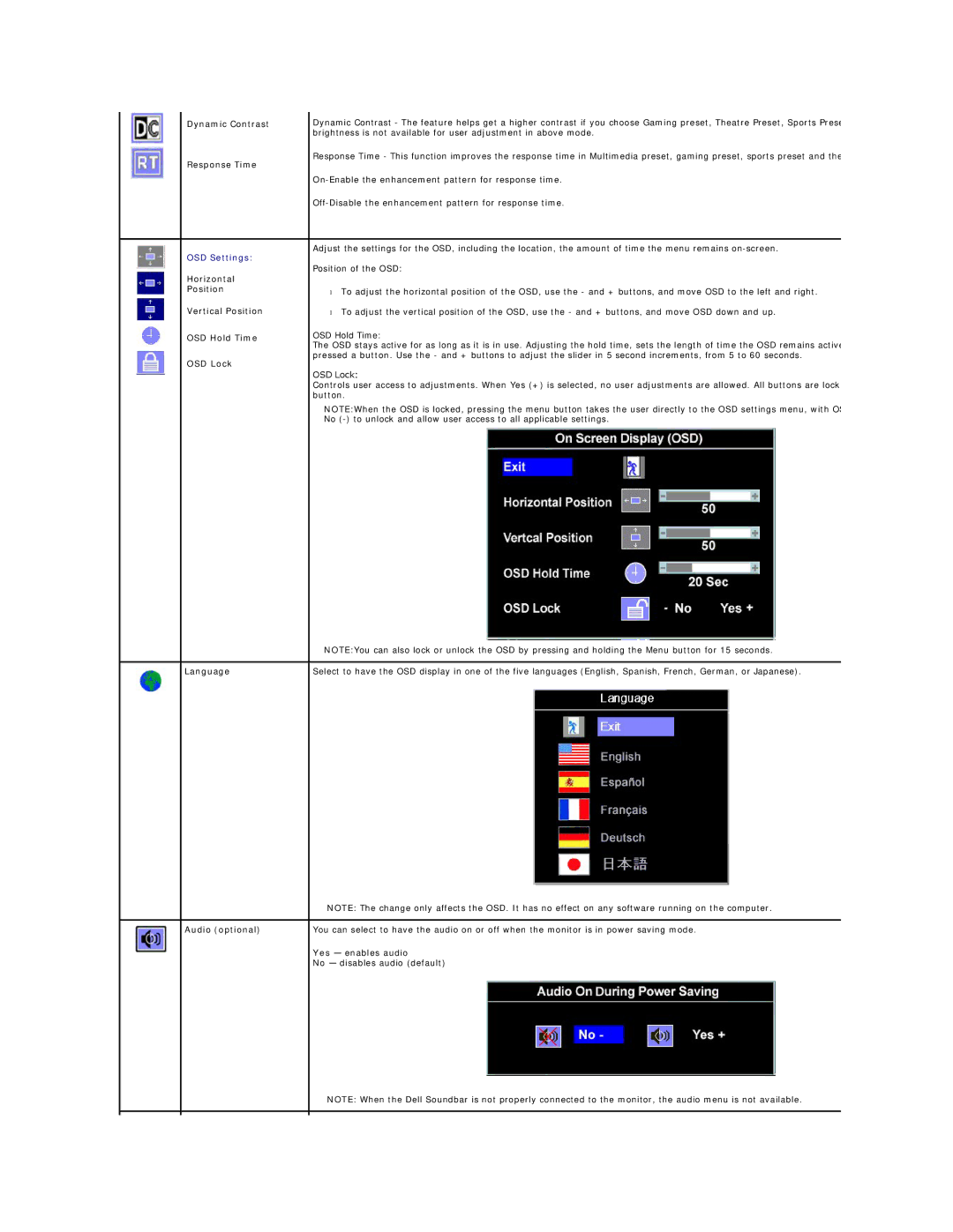 Dell SP2208W Dynamic Contrast Response Time, Horizontal Position, Vertical Position, OSD Hold Time, OSD Lock, Language 