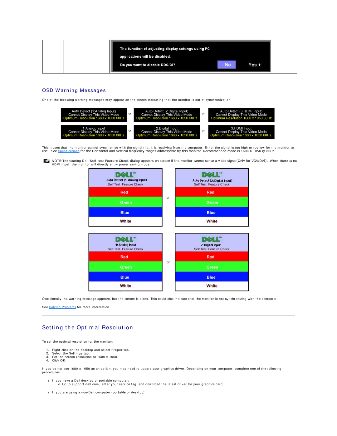 Dell SP2208W appendix Setting the Optimal Resolution, OSD Warning Messages 