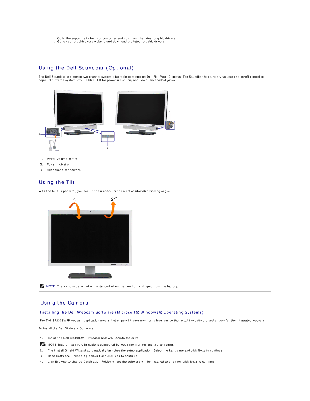 Dell SP2208W Using the Dell Soundbar Optional, Using the Tilt, Using the Camera, To install the Dell Webcam Software 
