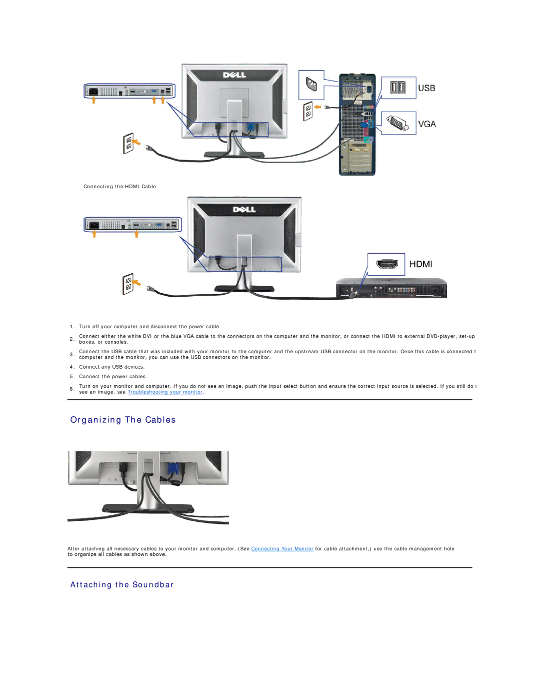 Dell SP2208W appendix Organizing The Cables, Attaching the Soundbar, Connecting the Hdmi Cable 