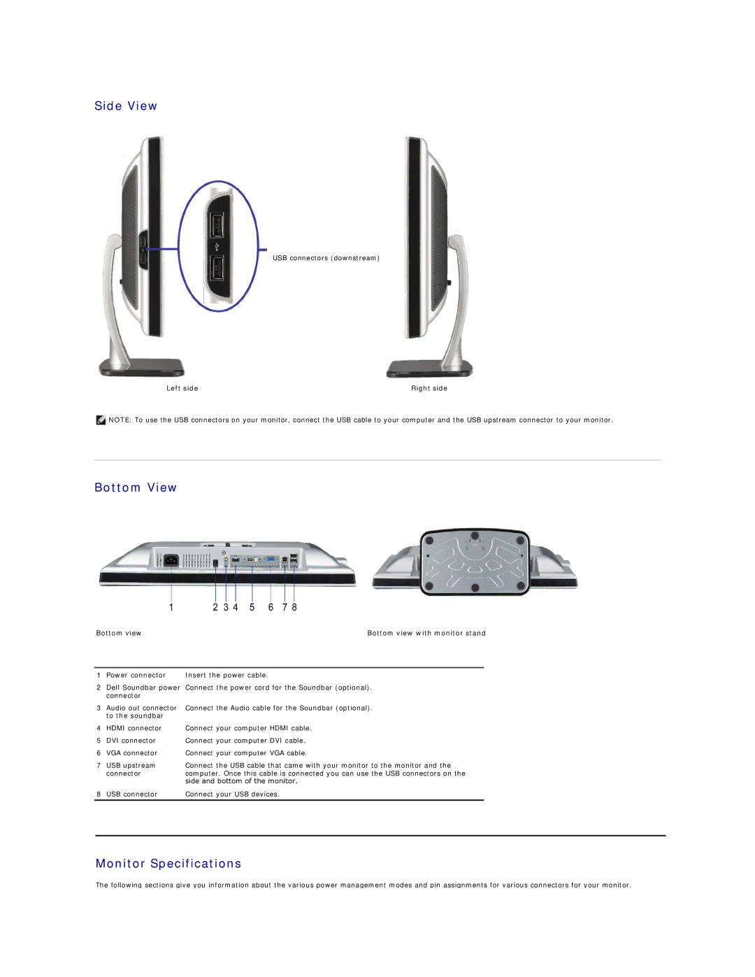 Dell SP2208W appendix Side View, Bottom View, Monitor Specifications, Left side Right side 