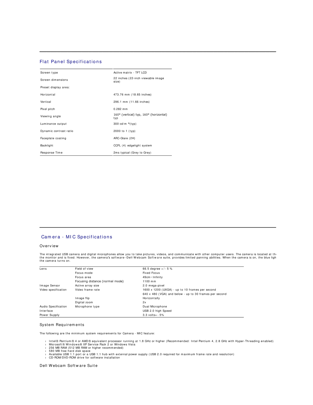 Dell SP2208W appendix Flat Panel Specifications, Camera MIC Specifications 