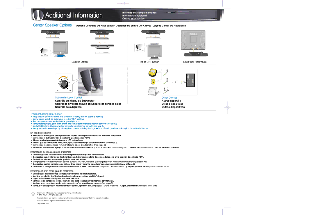 Dell Speaker manual Additional Information, Subwoofer Level Control Other Devices, Troubleshooting Information 