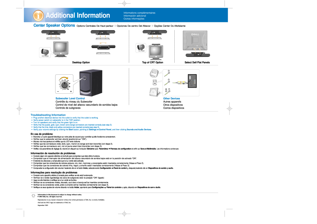 Dell Speaker Additional Information, Subwoofer Level Control, Other Devices, Troubleshooting Information, Desktop Option 