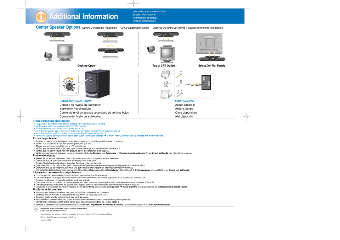 Dell Speakers manual Additional Information, Subwoofer Level Control Other Devices, Troubleshooting Information 