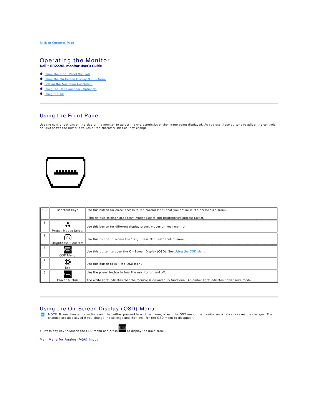 Dell SR2220L appendix Operating the Monitor, Using the Front Panel, Using the On-Screen Display OSD Menu 