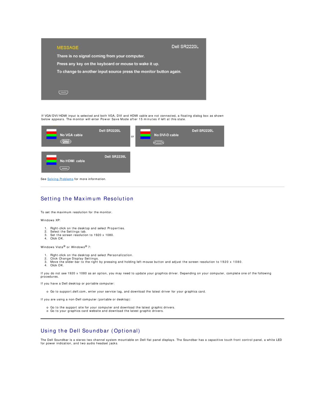 Dell SR2220L appendix Setting the Maximum Resolution, Using the Dell Soundbar Optional, Click Change Display Settings 