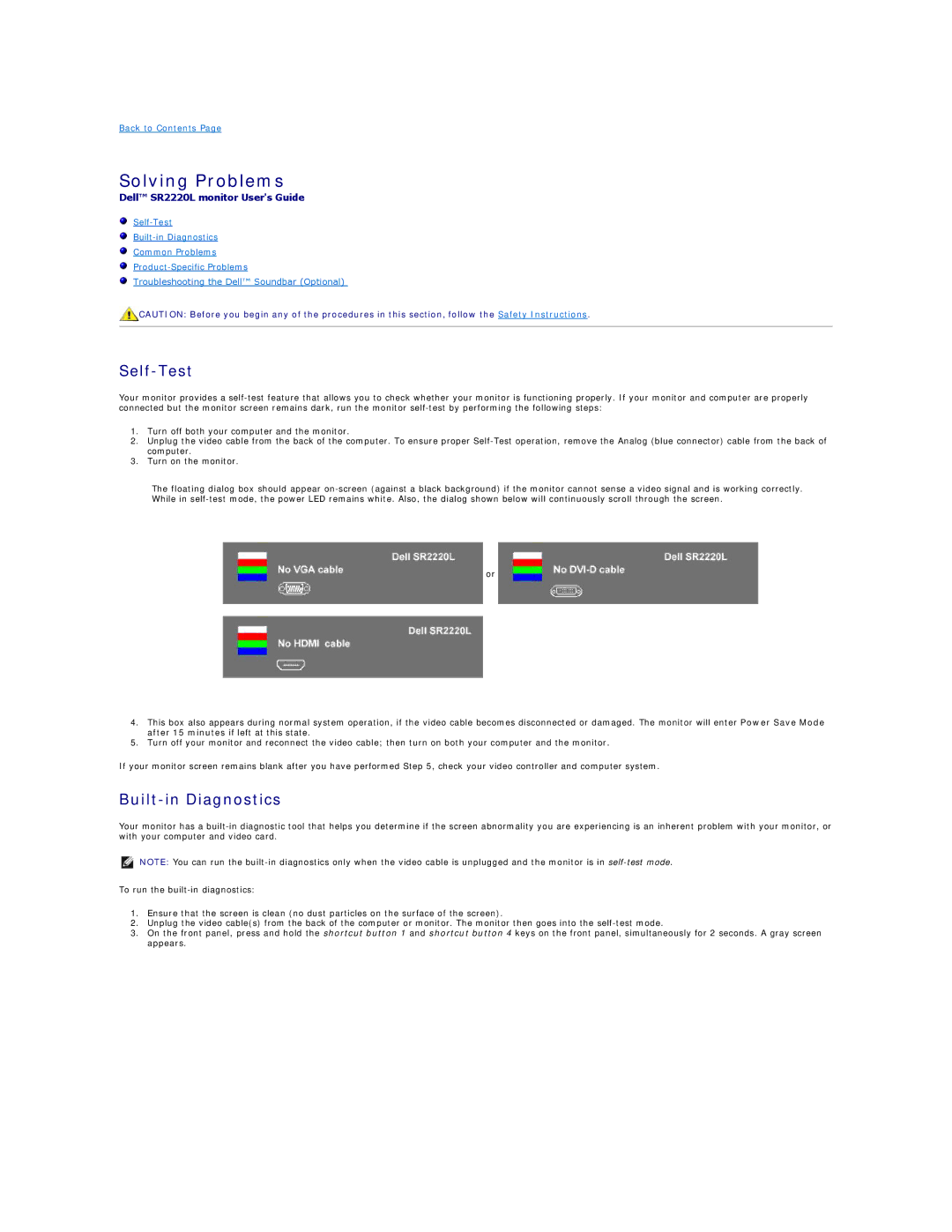 Dell SR2220L appendix Solving Problems, Self-Test, Built-in Diagnostics 