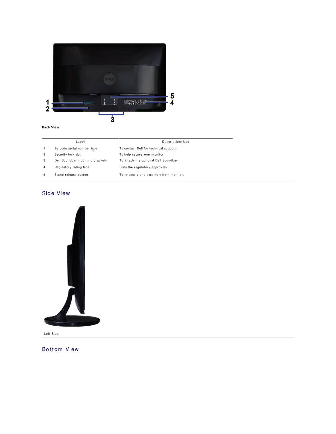 Dell SR2220L appendix Side View, Bottom View, Back View Label Description/Use, Left Side 