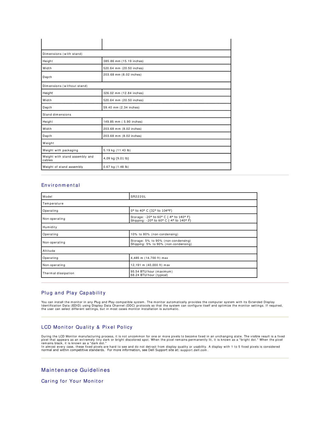 Dell SR2220L appendix Maintenance Guidelines, Environmental, Plug and Play Capability, LCD Monitor Quality & Pixel Policy 