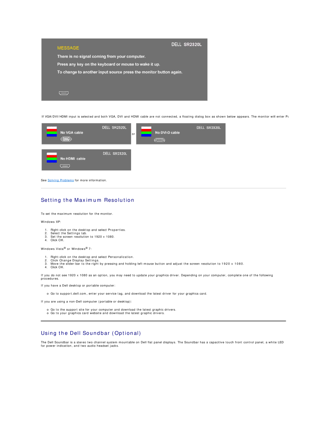 Dell SR2320L appendix Setting the Maximum Resolution, Using the Dell Soundbar Optional, Click Change Display Settings 