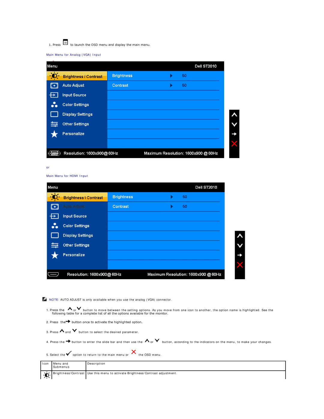 Dell ST2010-BLK appendix Main Menu for Analog VGA Input Main Menu for Hdmi Input 