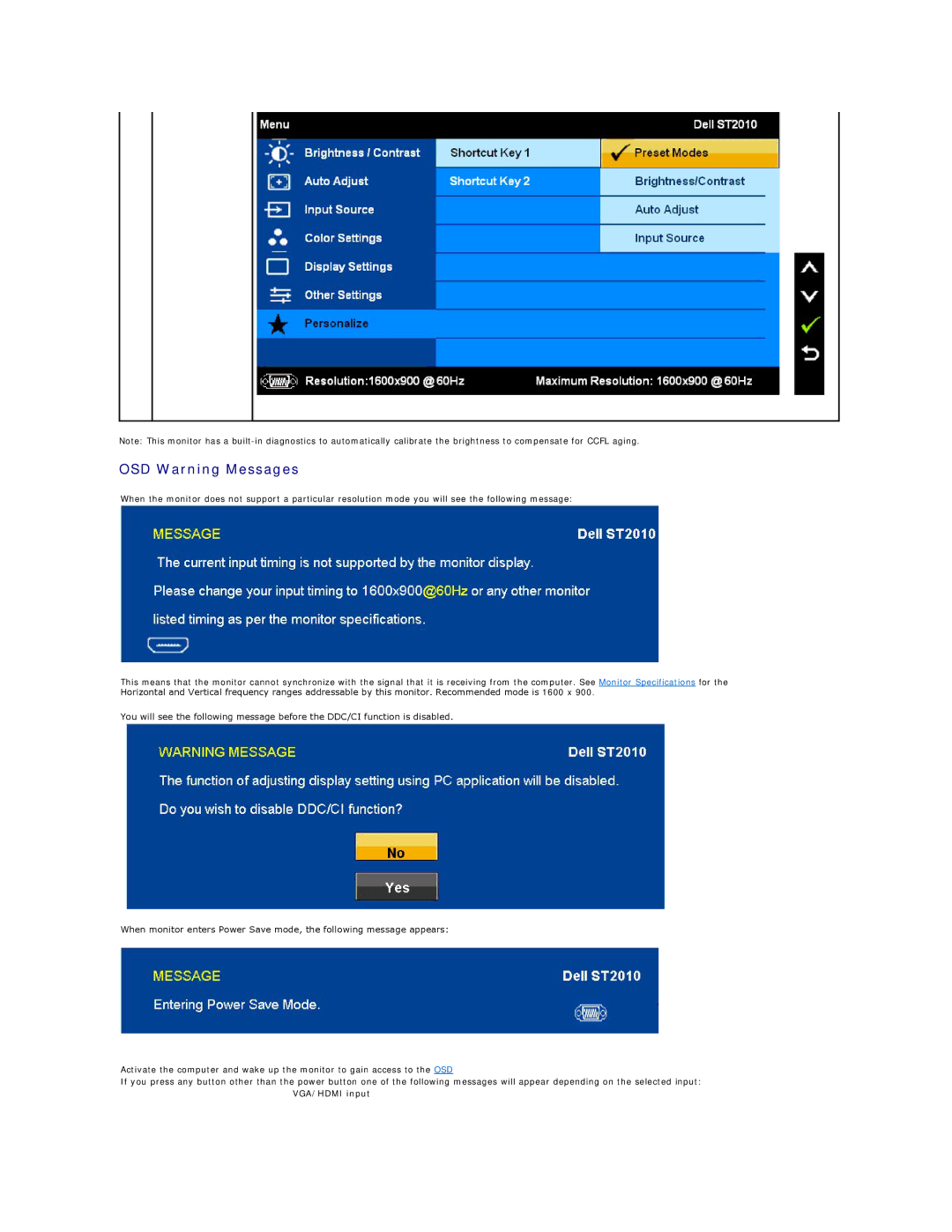 Dell ST2010-BLK appendix OSD Warning Messages, VGA/HDMI input 