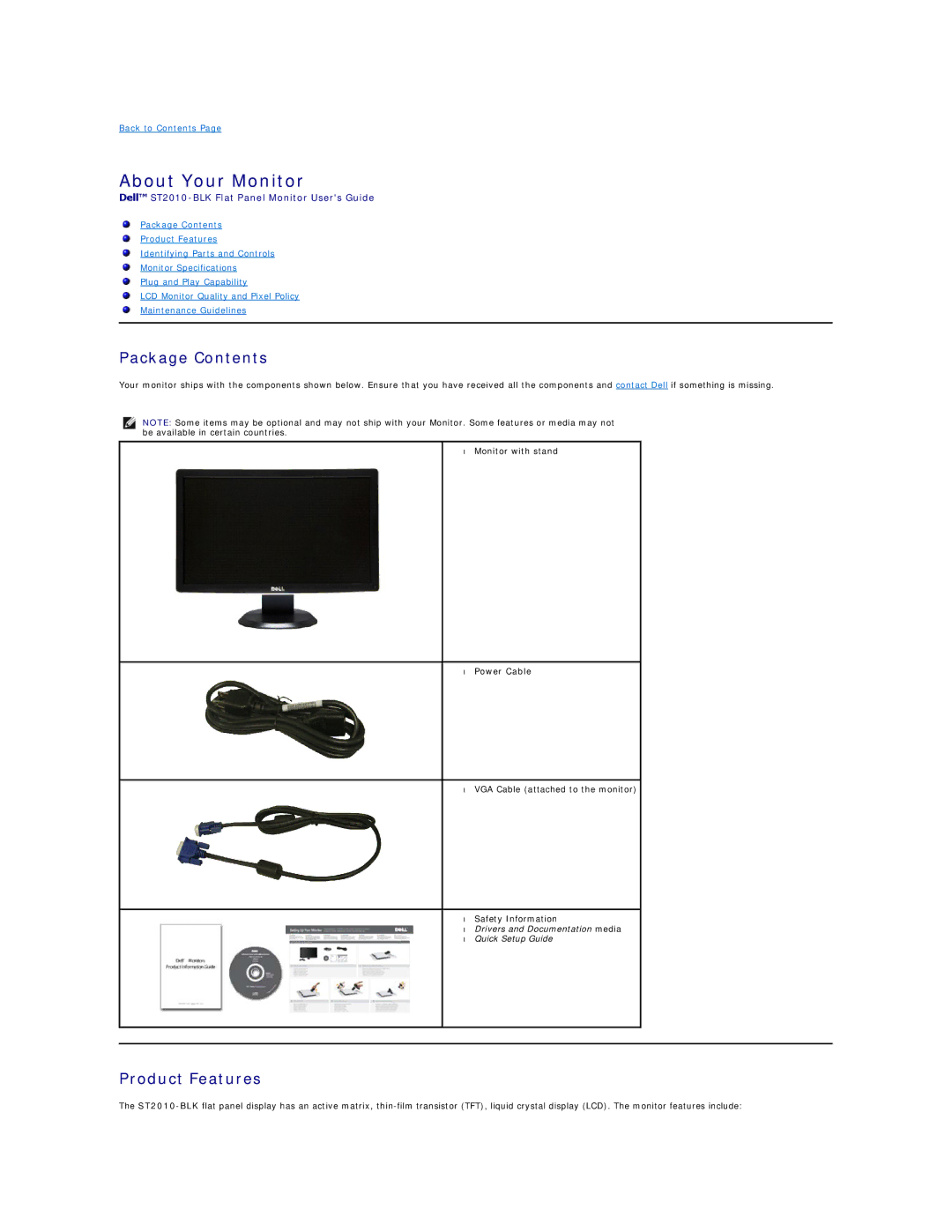 Dell ST2010-BLK appendix About Your Monitor, Package Contents, Product Features 