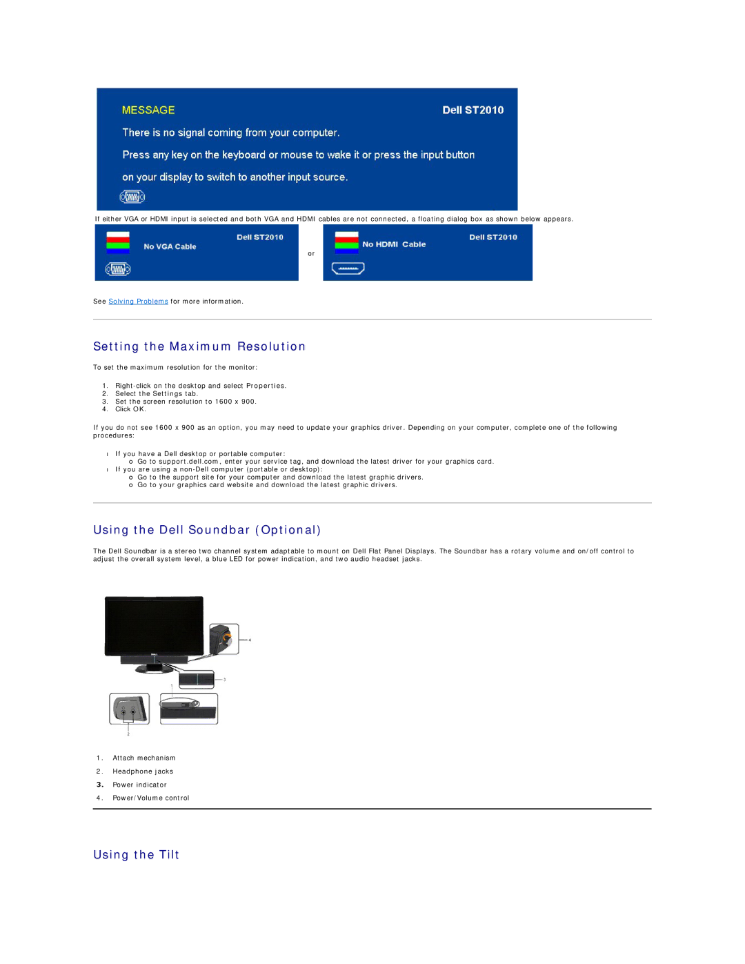 Dell ST2010-BLK appendix Setting the Maximum Resolution, Using the Dell Soundbar Optional, Using the Tilt 