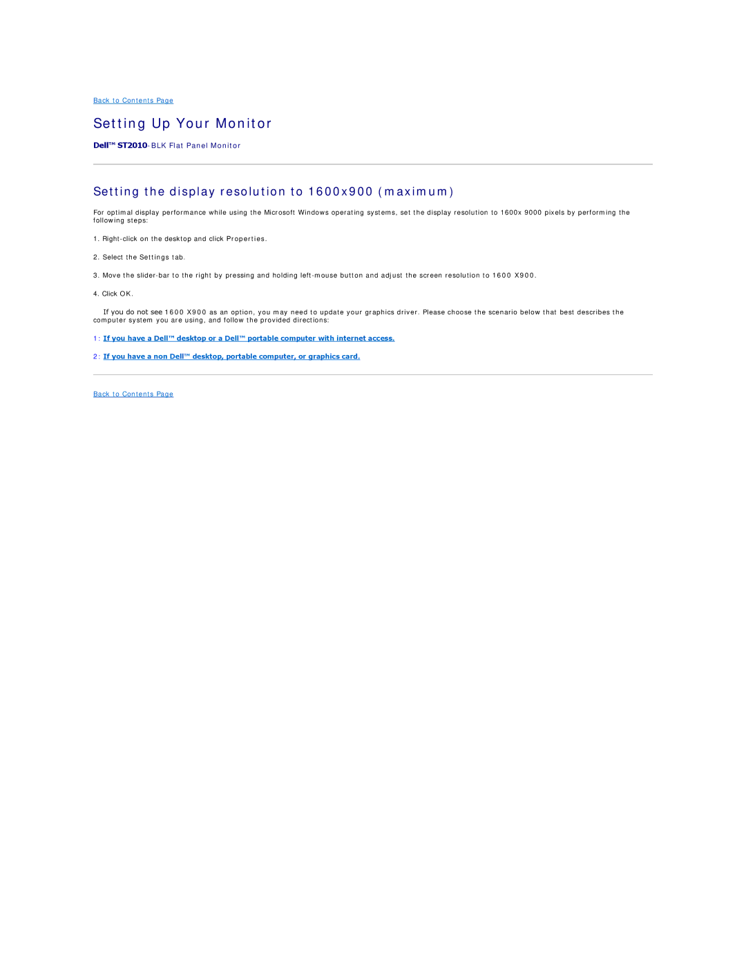Dell ST2010-BLK appendix Setting Up Your Monitor, Setting the display resolution to 1600x900 maximum 