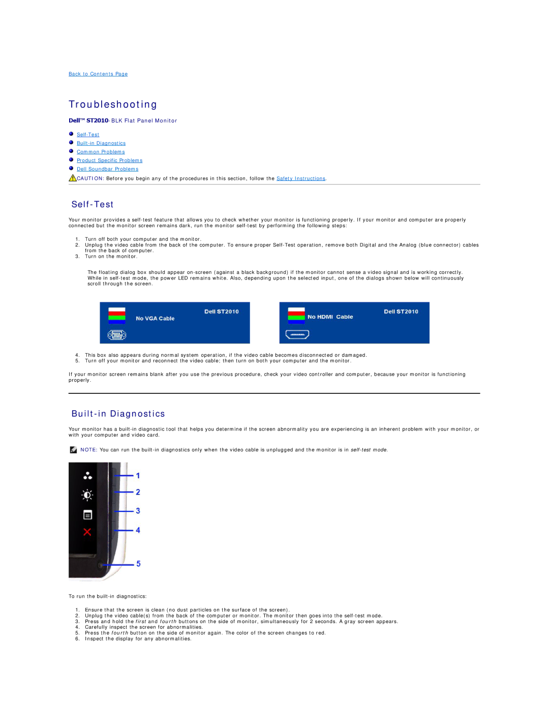 Dell ST2010-BLK appendix Troubleshooting, Self-Test, Built-in Diagnostics 