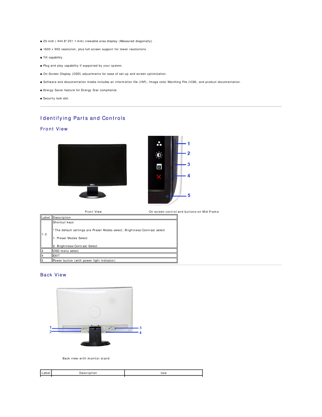 Dell ST2010-BLK Identifying Parts and Controls, Front View, Back View, Back view with monitor stand Label Description Use 