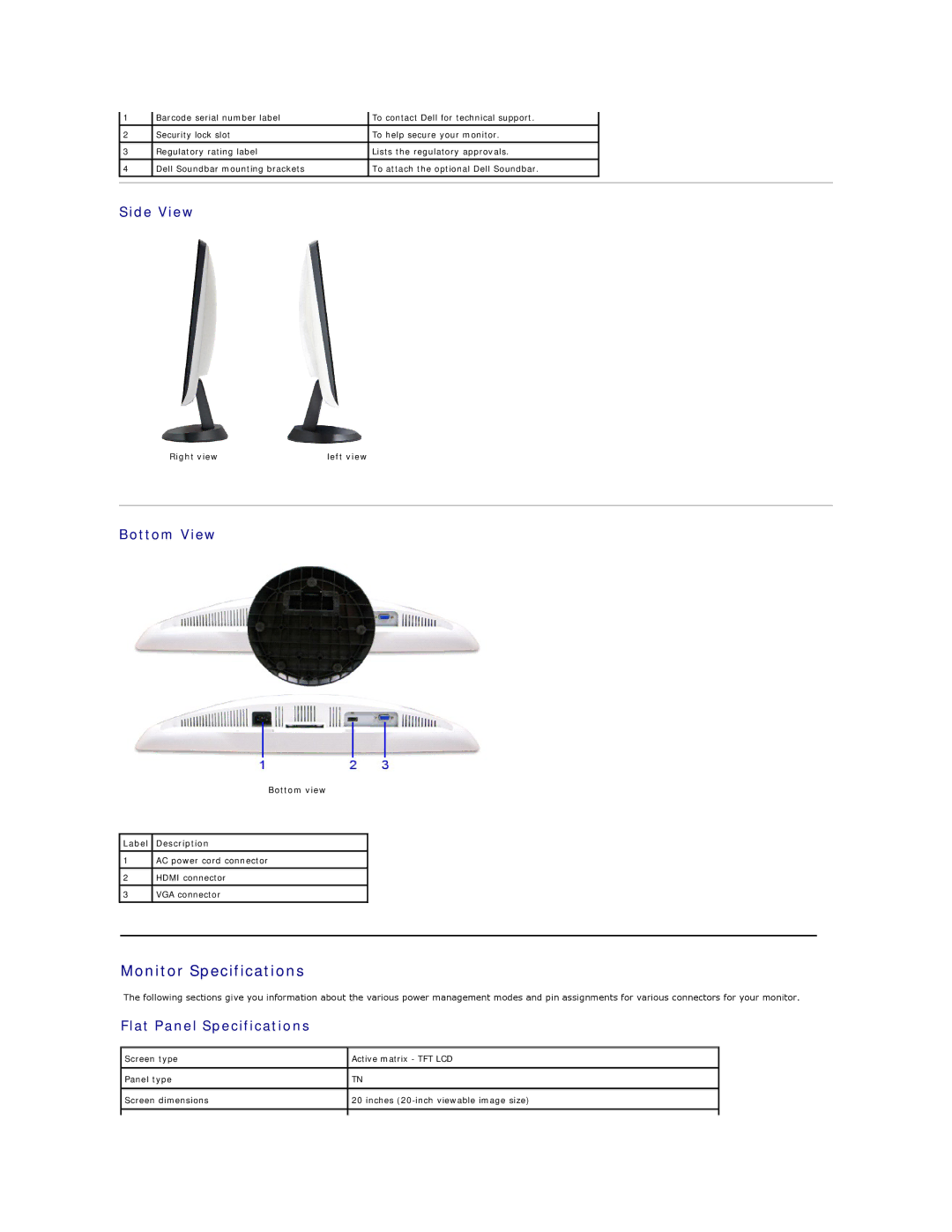 Dell ST2010-BLK appendix Monitor Specifications, Side View, Bottom View, Flat Panel Specifications 