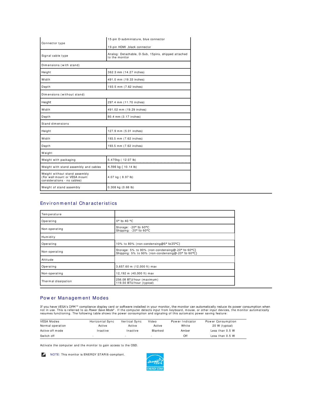 Dell ST2010-BLK appendix Environmental Characteristics, Power Management Modes 