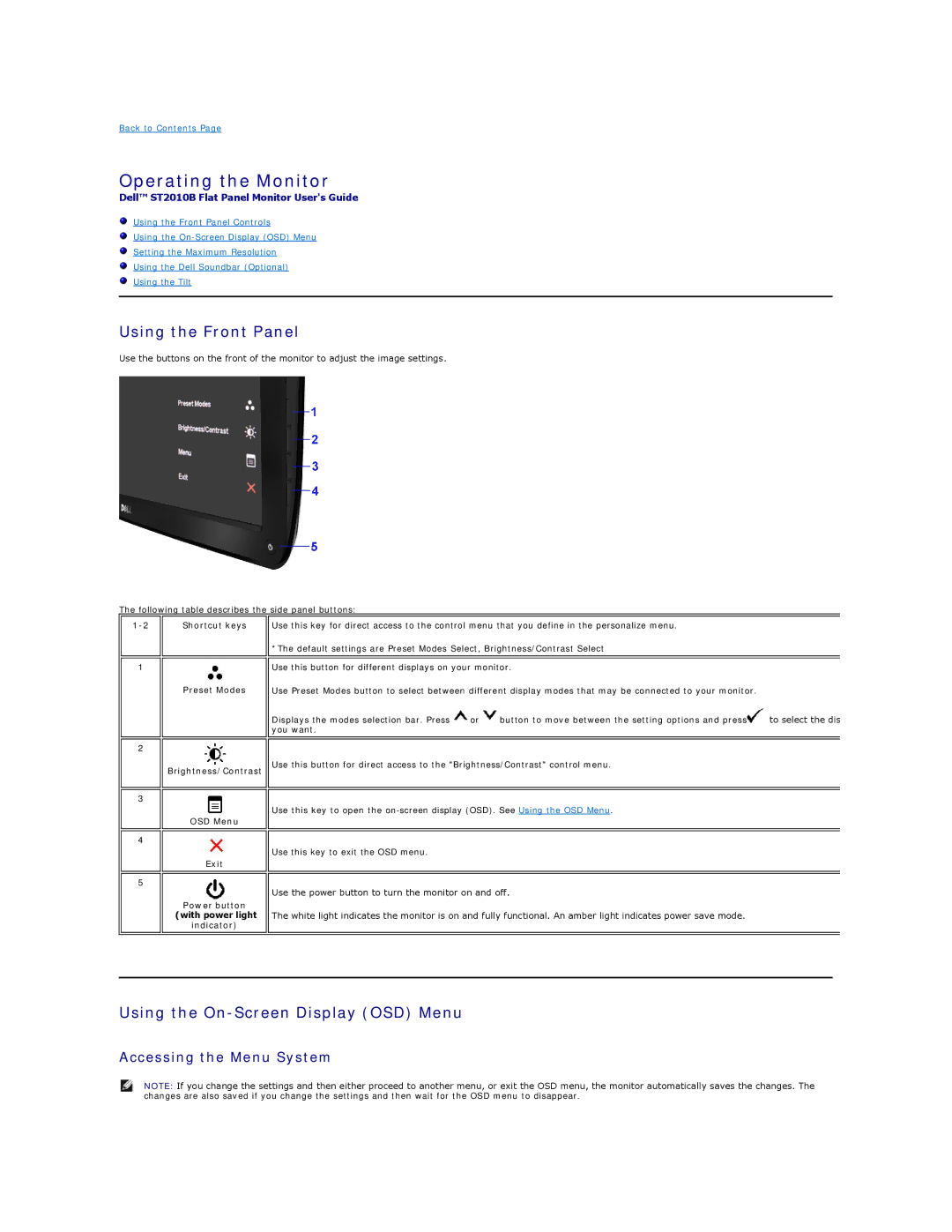 Dell ST2010B Operating the Monitor, Using the Front Panel, Using the On-Screen Display OSD Menu, Accessing the Menu System 