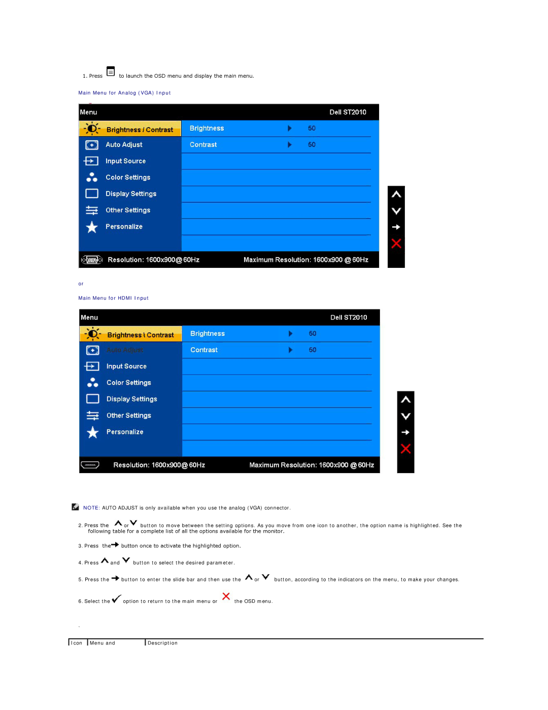 Dell ST2010B appendix Main Menu for Analog VGA Input Main Menu for Hdmi Input, Icon Menu Description 