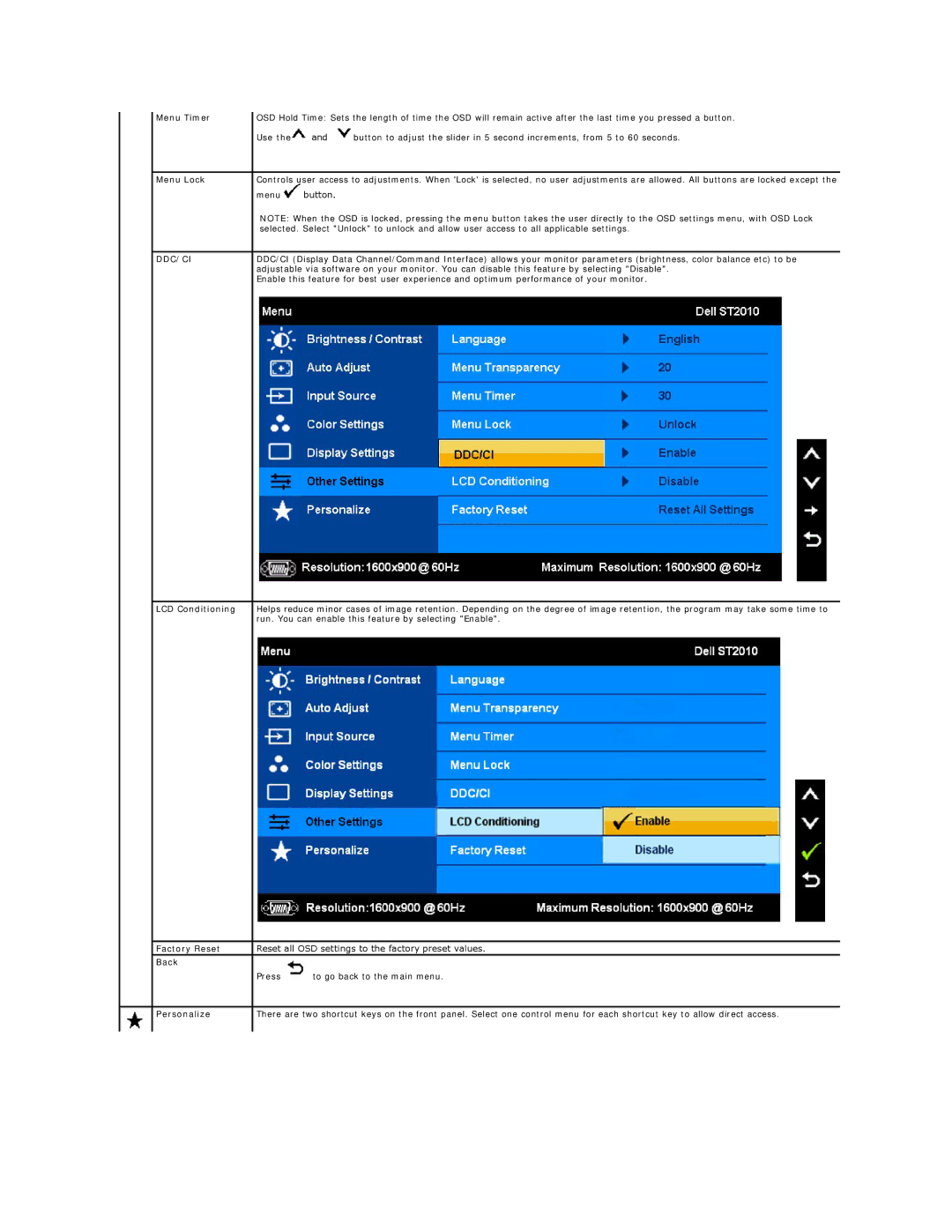 Dell ST2010B appendix Menu Timer, Menu Lock, LCD Conditioning, Factory Reset, Personalize 