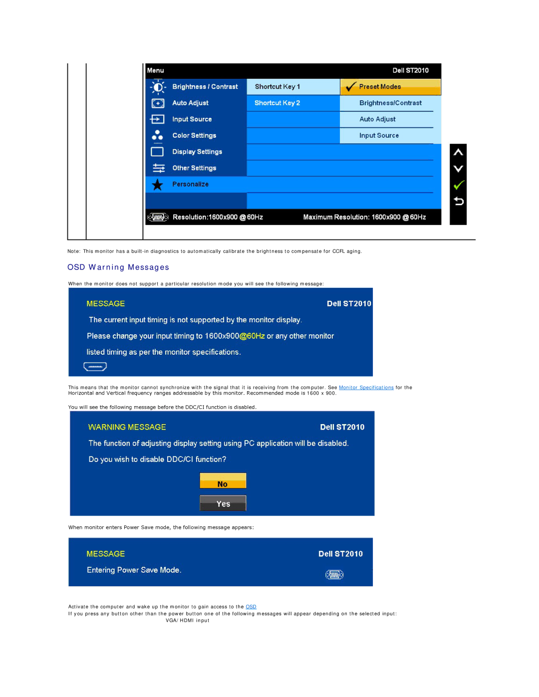 Dell ST2010B appendix OSD Warning Messages, VGA/HDMI input 