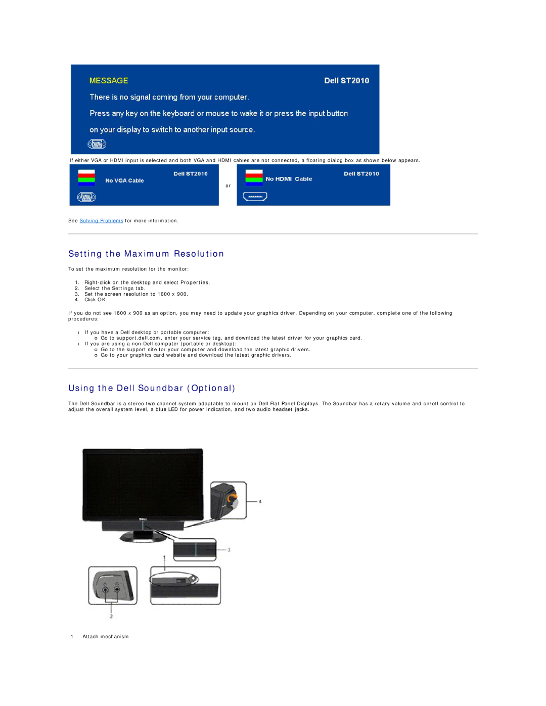 Dell ST2010B appendix Setting the Maximum Resolution, Using the Dell Soundbar Optional 