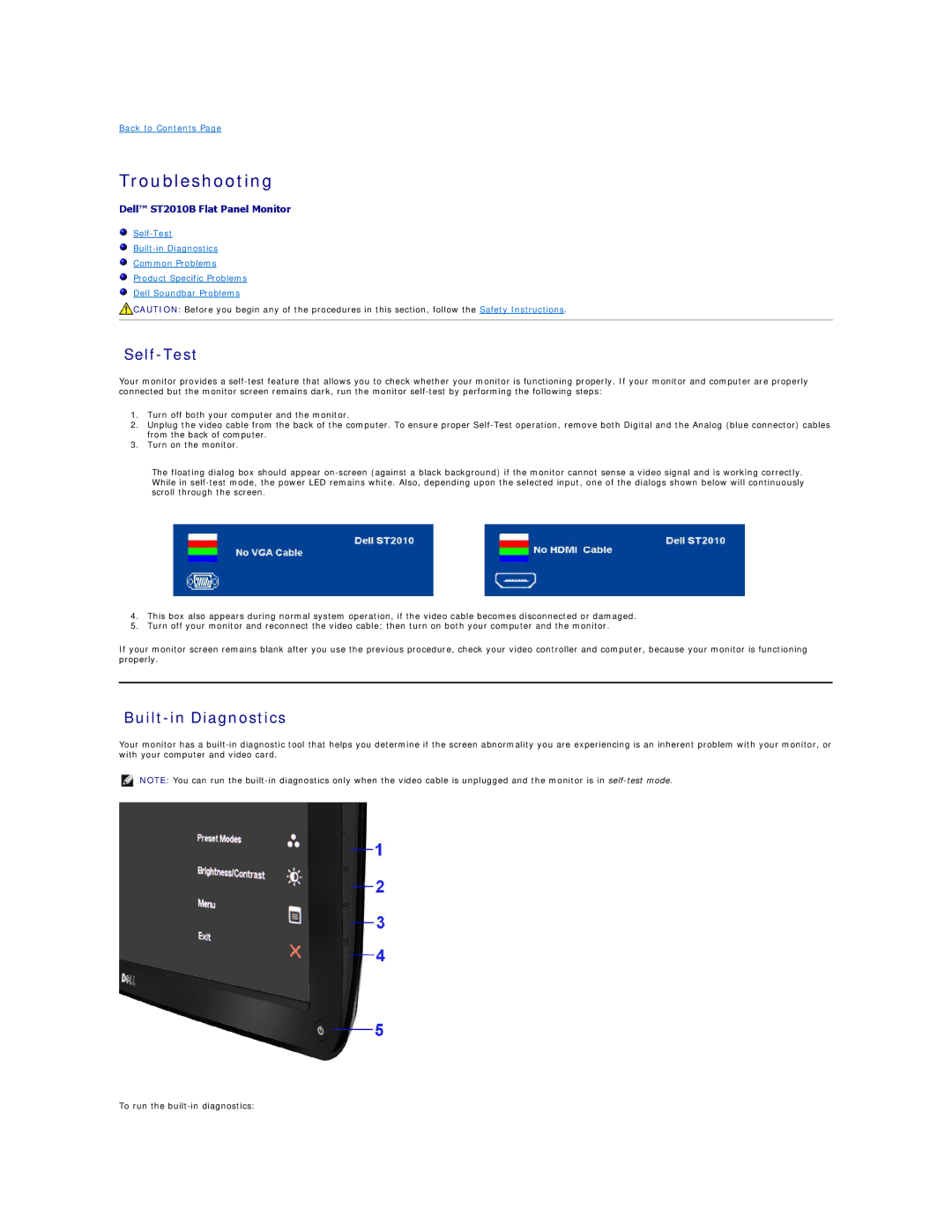 Dell ST2010B appendix Troubleshooting, Self-Test, Built-in Diagnostics 