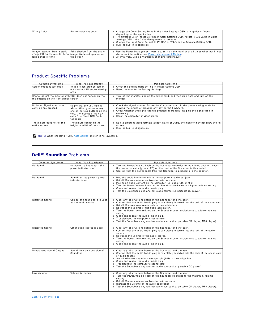 Dell ST2010B Product Specific Problems, Dell Soundbar Problems, Specific Symptoms What You Experience Possible Solutions 