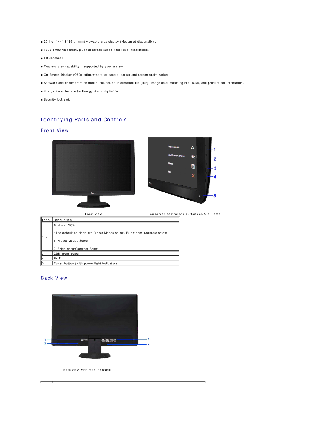 Dell ST2010B appendix Identifying Parts and Controls, Front View, Back View, Back view with monitor stand 