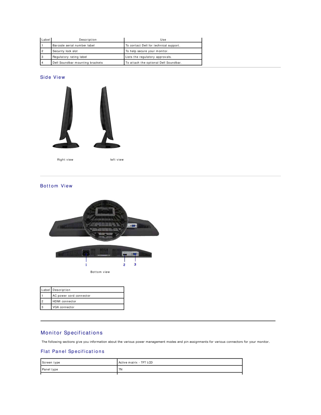 Dell ST2010B appendix Monitor Specifications, Side View, Bottom View, Flat Panel Specifications 